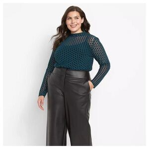 Mock-Neck Flock Dot Sheer Mesh Top